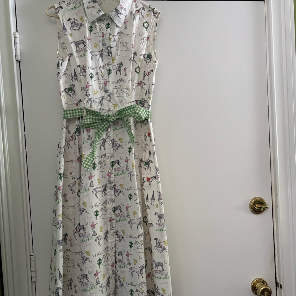 Sleeveless Horse Racing Print cotton Maxi Dress w/GreenGingham Belt size S